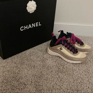CHANEL Suede Calfskin Nylon Sneaker Beige Pink